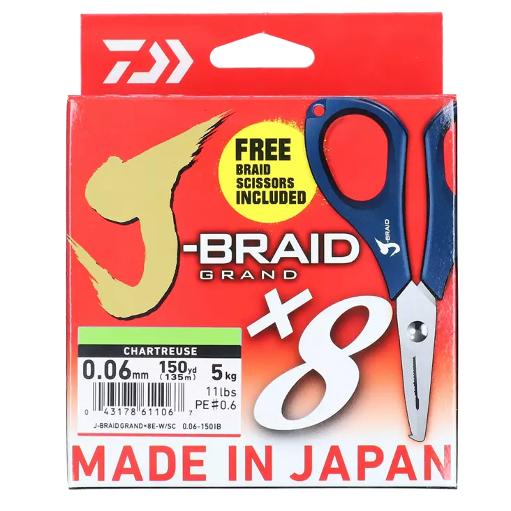 Daiwa J-Braid Grand X8 Chartreuse 135m 0,10mm 7kg sis. kuitusiimasakset - Flätlinor - 043178611173 - 1